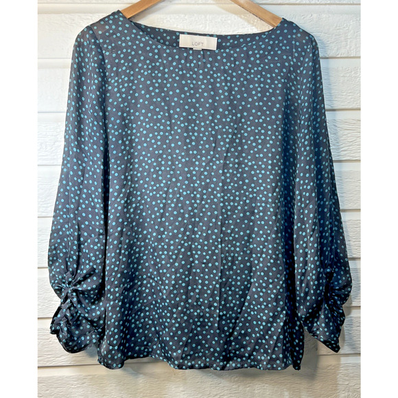 LOFT small Blue Polka Dot Boat Neck Long Sleeve Blouse pullover semi sheer - Picture 1 of 9